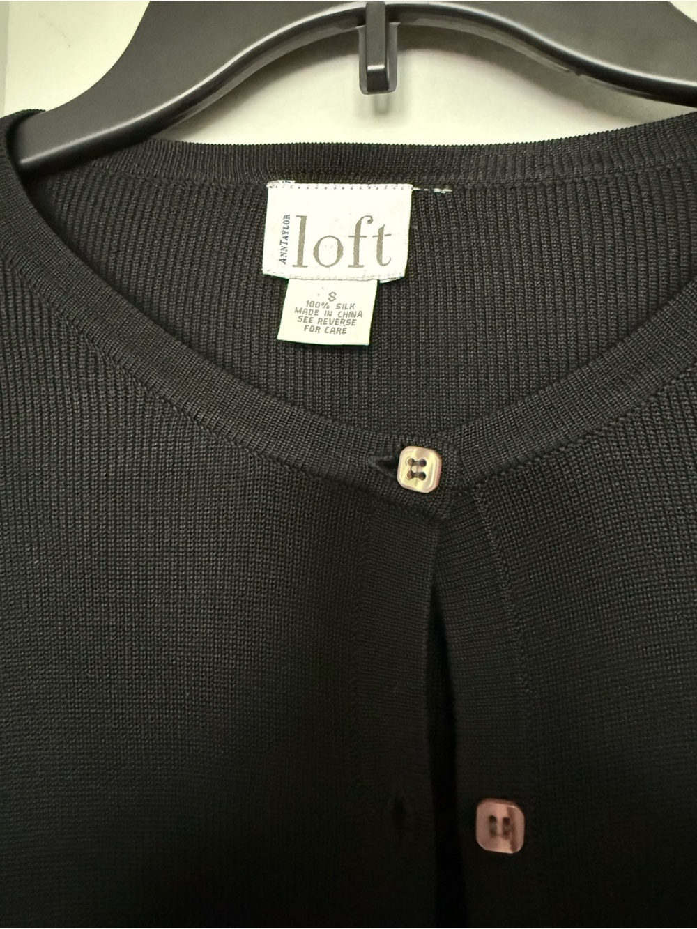 LOFT Black Ribbed Button-Front Cardigan - Picture 2 of 3
